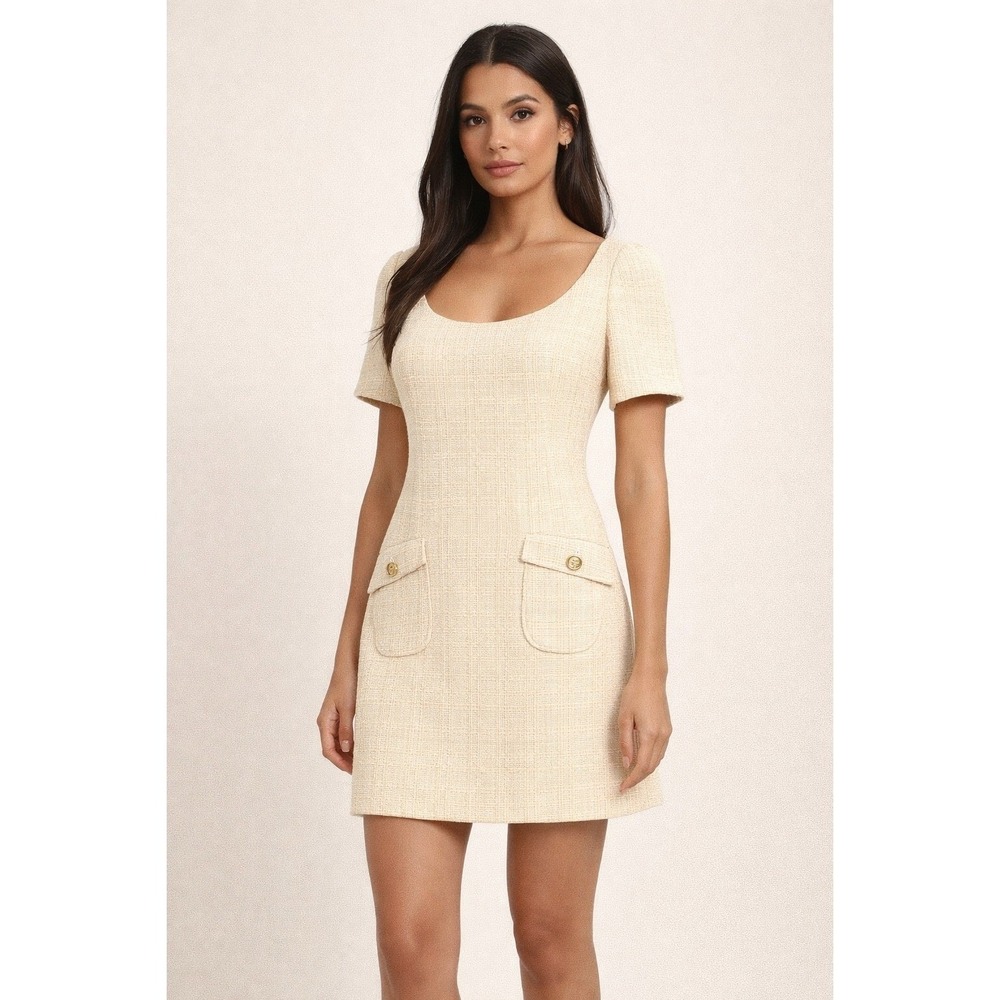 Gucci Tweed Damier Mini Dress | Cream Beige | Gold Buttons | IT 42 (US 6) | NWT